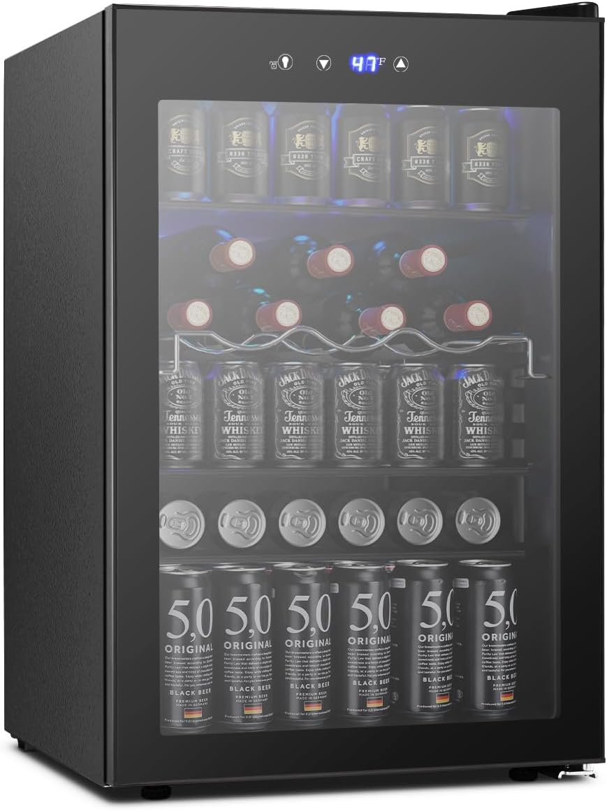 Joy Pebble Mini Fridge Beverage Cooler - 145 Can mini fridge with glass door for Soda Beer or Wine -Drink Dispenser Small Refrigerator with Adjustable Thermostat for Office bedroom (4.4 cu.ft)