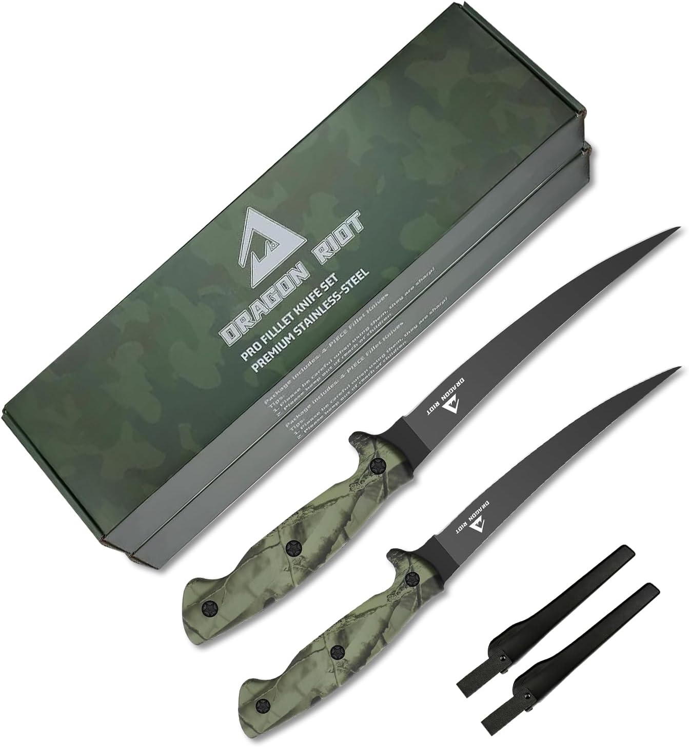 DRAGON RIOT Fillet Knife Set, Black Stainless Boning for Meat Poultry Cutting, Fishing Bait With Protective Sheath and Large Non-Slip Handles