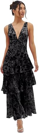 Chiffon Floral Print Brideamiad Dresses for Women 2026 V Neck Long Tiered Ruffles Evening Party Gowns KN036
