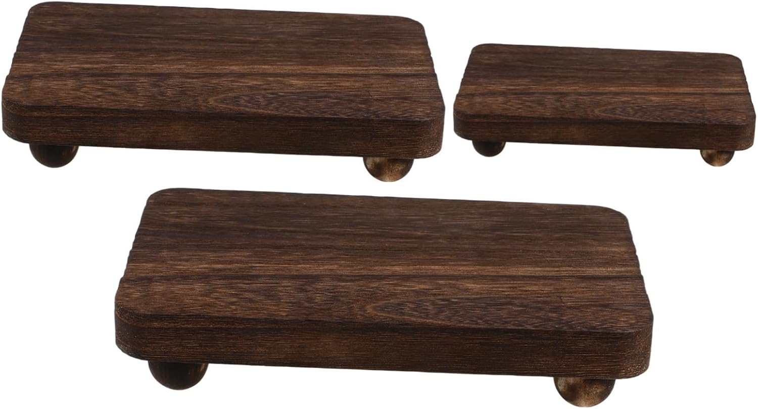 3pcs Wooden Display Pedestal Stands for Jewelry and Candles, Stackable and Sturdy Brown Rectangular Risers, for Vendor Events and Kitchen Counter Decoration