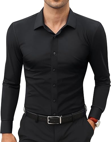 Camisas de vestir elásticas para hombre, de manga larga, ajustadas, ajuste muscular, sin arrugas, con botones