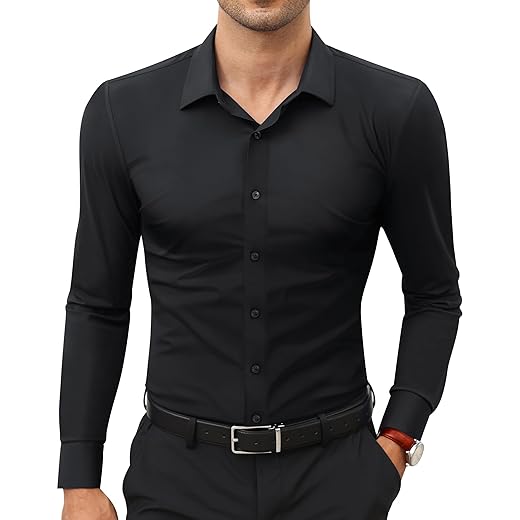 Lion Nardo Stretch Dress Shirts for Men Long Sleeve Slim Fit Casual Button Down Shirts Muscle Fit Men's Dress Shirts Black