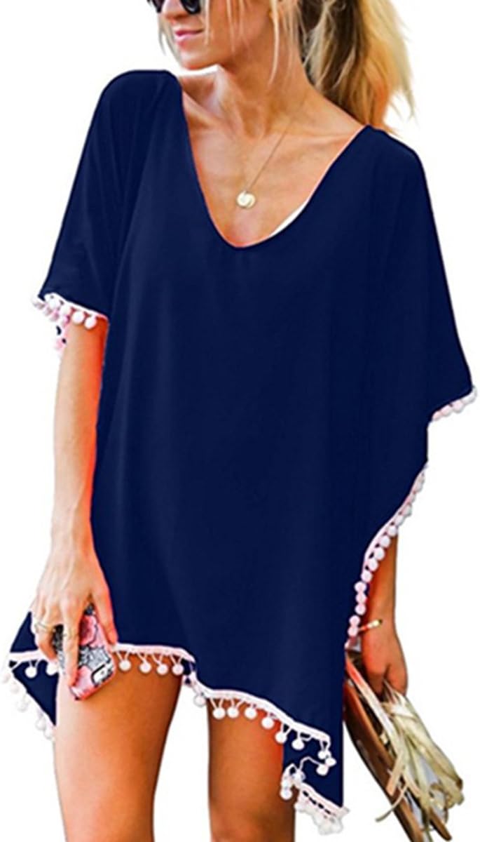 PlusnuoleeWomen's Chiffon Tassel Beachwear Swimsuit Cover Up Dress, Blackball, One Size