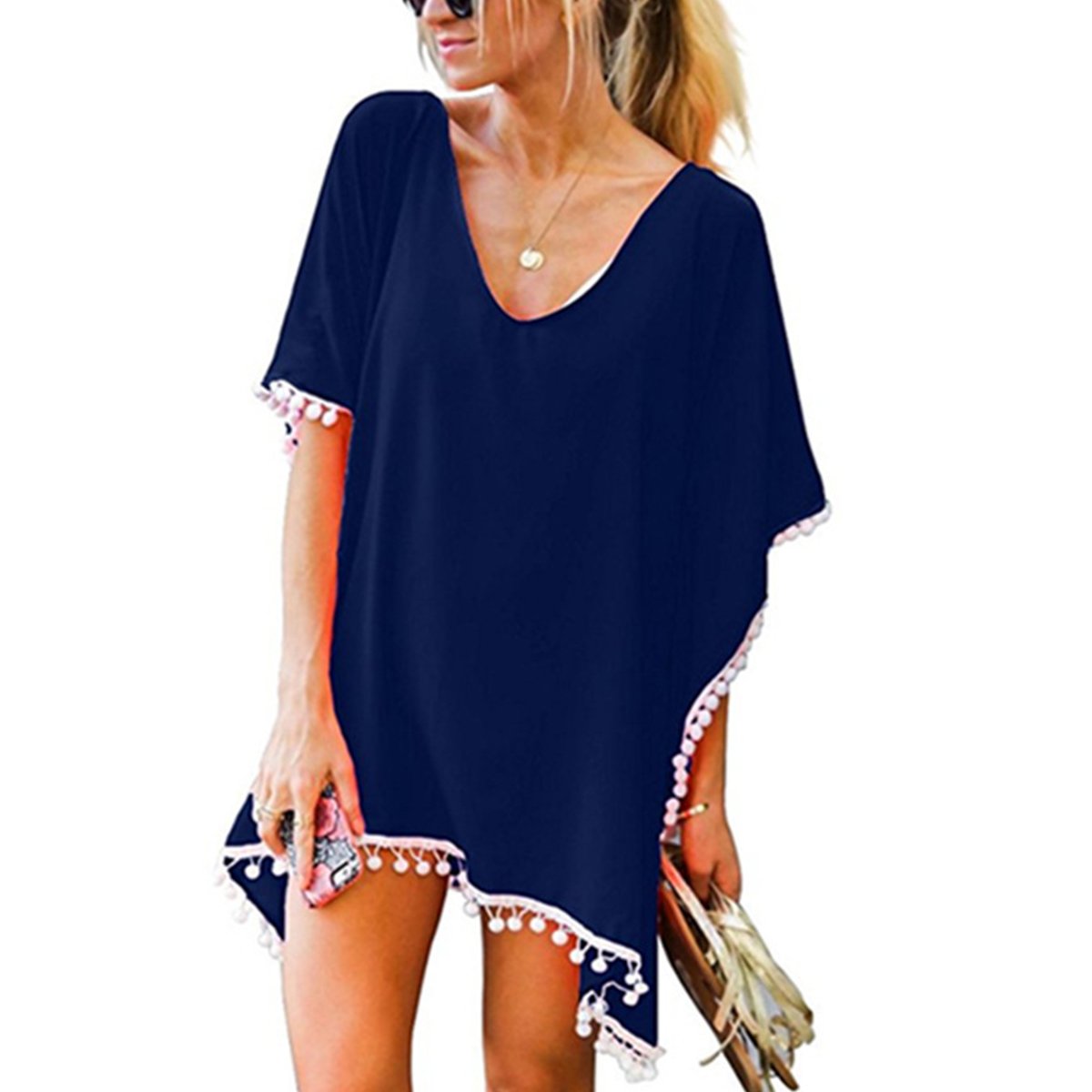 PlusnuoleeWomen's Chiffon Tassel Beachwear Swimsuit Cover Up Dress, Blackball, One Size