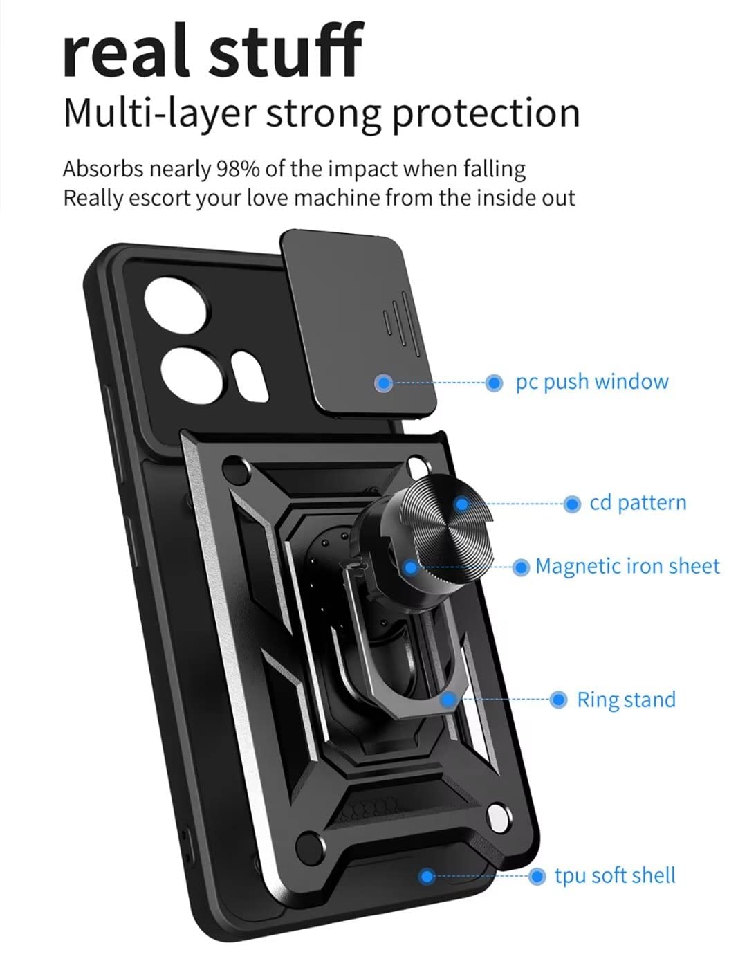 COMAKU Cover Motorola Edge 30 Fusion Antiurto: Custodia TPU+PC Con Anello Supporto E Protezione Fotocamera - Nero - 5