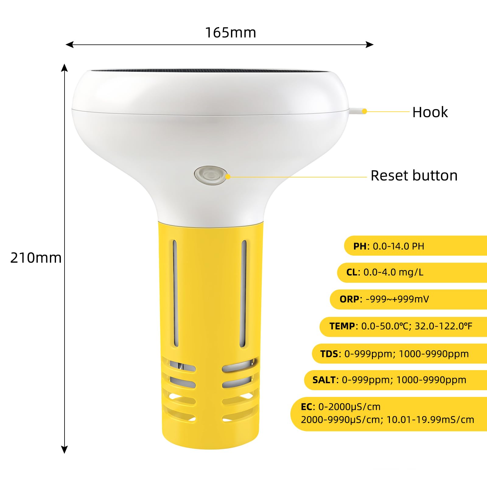 Tester Acqua Piscina 7 In 1 Galleggiante Analizzatore Senza Fili - Monitor Solare Connesso Per Manutenzione Intelligente