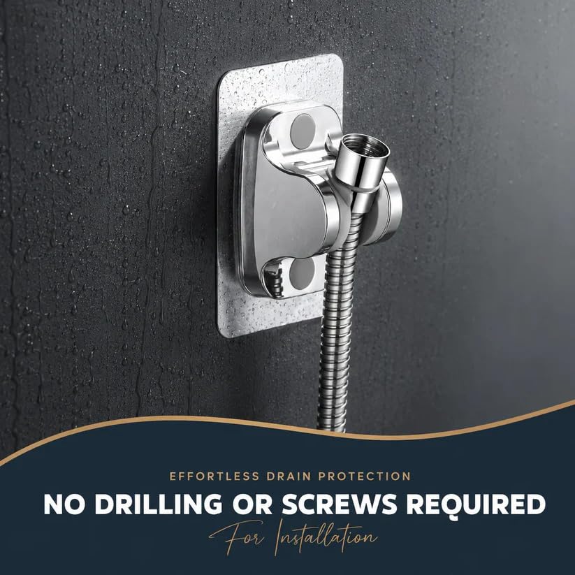 Image of Self Adhesive Jet Spray & Hand Shower Holder for Bathroom | No Drill Wall Mount | Chrome Finish ABS Health Faucet Bracket Adjustable Tilt | Waterproof, Rust Resistant