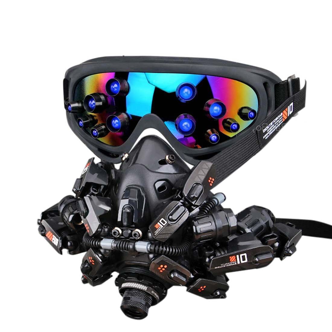 Punk Tech Ensemble masque et lunettes lumineux avec lumière LED réglable Noir Steampunk Cosplay Prop pour Halloween, fêtes costumées et jeux de rôle