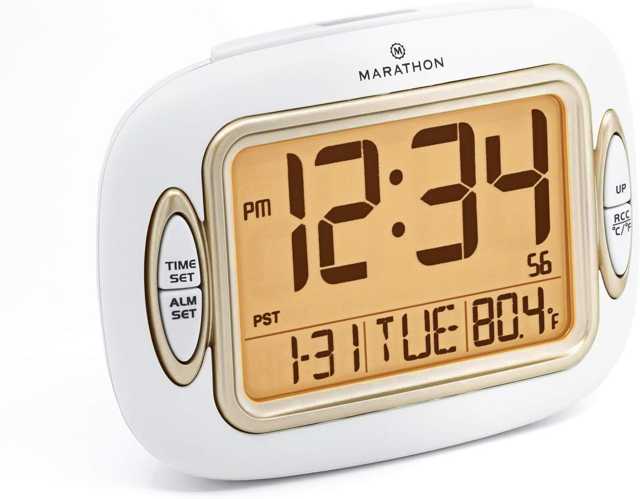 MARATHON CL030051WH Atomic Alarm Clock with Auto Back Light Feature, Temperature and Date. Easy Set Buttons on Case Front. Color-White
