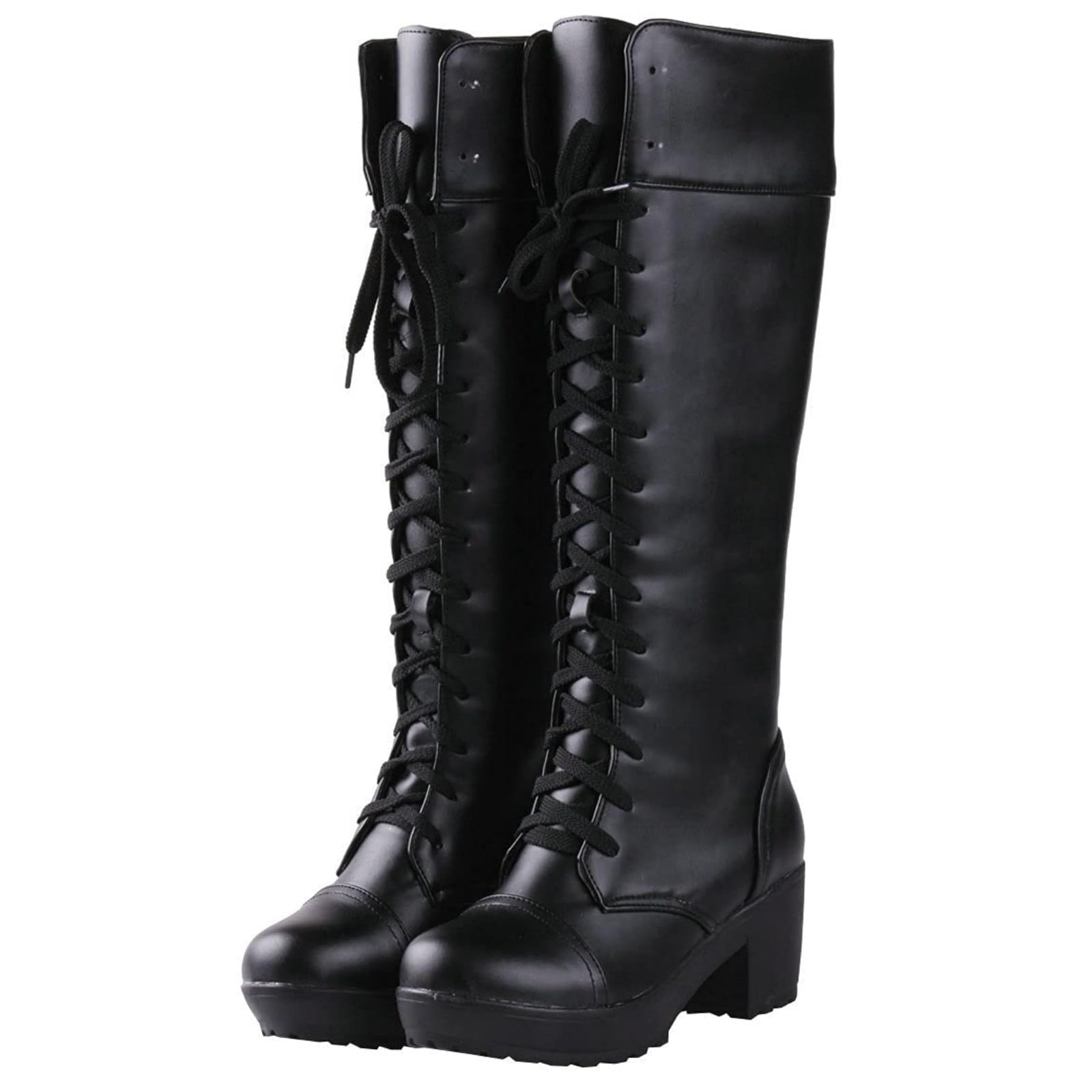 Womens Knee High Boots Lace Up Punk Combat Boot Chunky Heel Platform Goth Boots Pu Leather Mid Calf