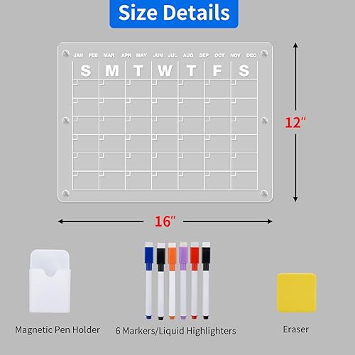 Miniatura 6 de Calendario magnético acrílico para refrigerador 16 x 12 pulgadas pizarra magnética transparente de borrado en seco incluye 6 marcas de borrado en