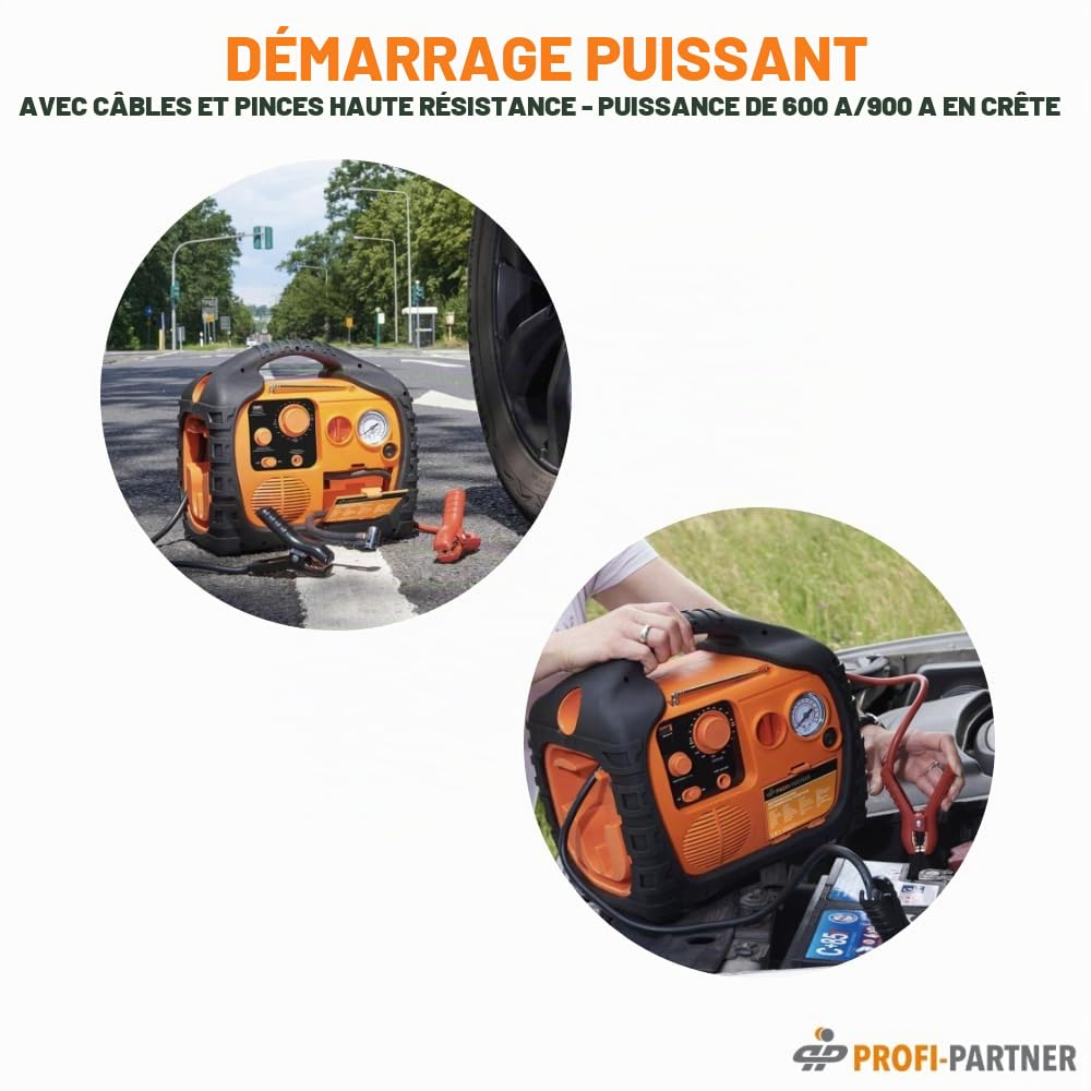 Station d'énergie mobile/station d'énergie portable/démarreur automatique avec compresseur/tuyau et adaptateurs, convertisseur de tension 12 V/230 V prise de courant (400 W), phare LED