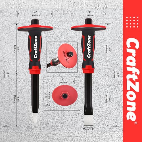 Image of Masonry Chisel Set - 2-Piece Heavy Duty Pointed & Flat Rock Chisels, Concrete Stone Chisel with Hand Protection for Brick Breaking Carving Splitting Cutting Mason Tools