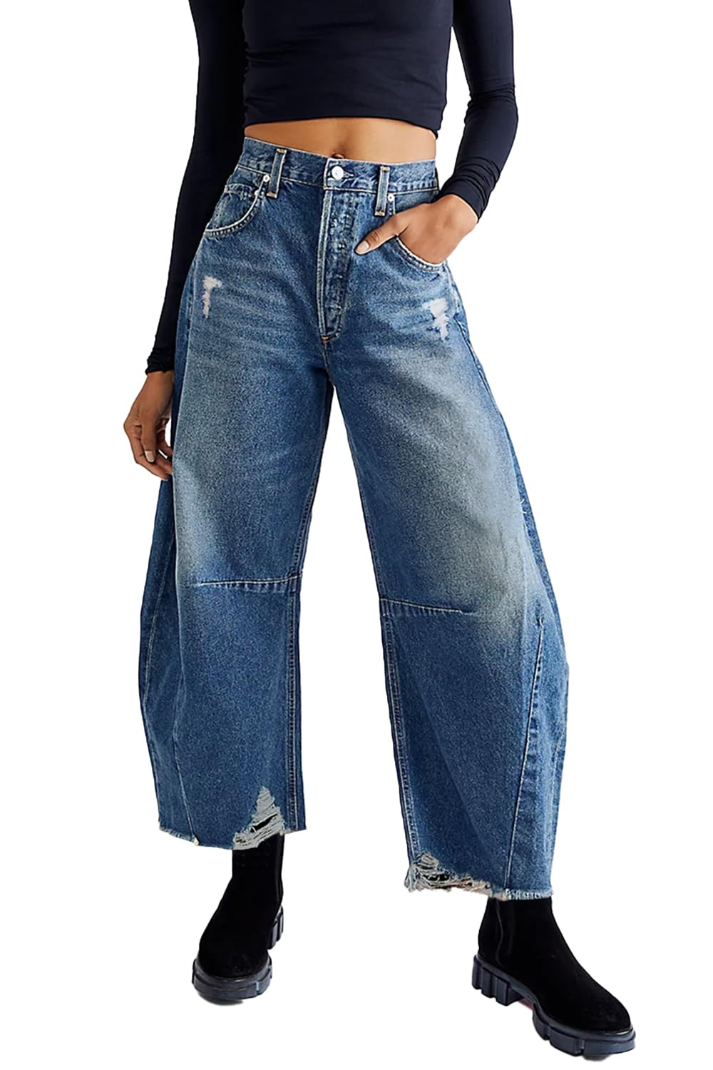 Allimy Damen-Jeans mit hoher Taille, Hufeisen, Baggy-Jeans, trendig 2026, mit rohem Saum, nicht dehnbar