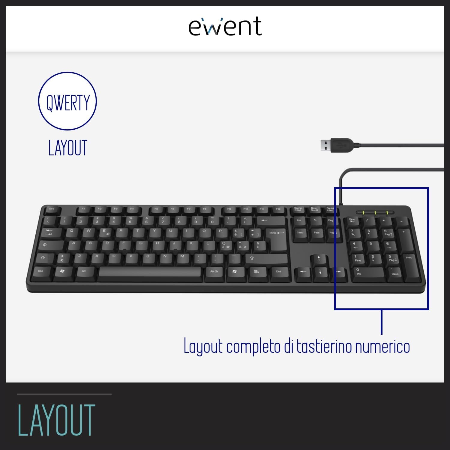 Ewent Tastiera Professionale USB Cablata, Layout Italiano QWERTY, Tastiera con filo per PC/Notebook/Laptop, Mac/Windows, nera