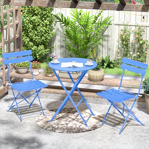 RELAX FIELD Gartenmöbel Set Wetterfest, Balkonmöbel Set 3 Teilig für Kleinen Balkon, Bistrotisch mit 2 Stühlen, Bistro Set Klappbar, Blau