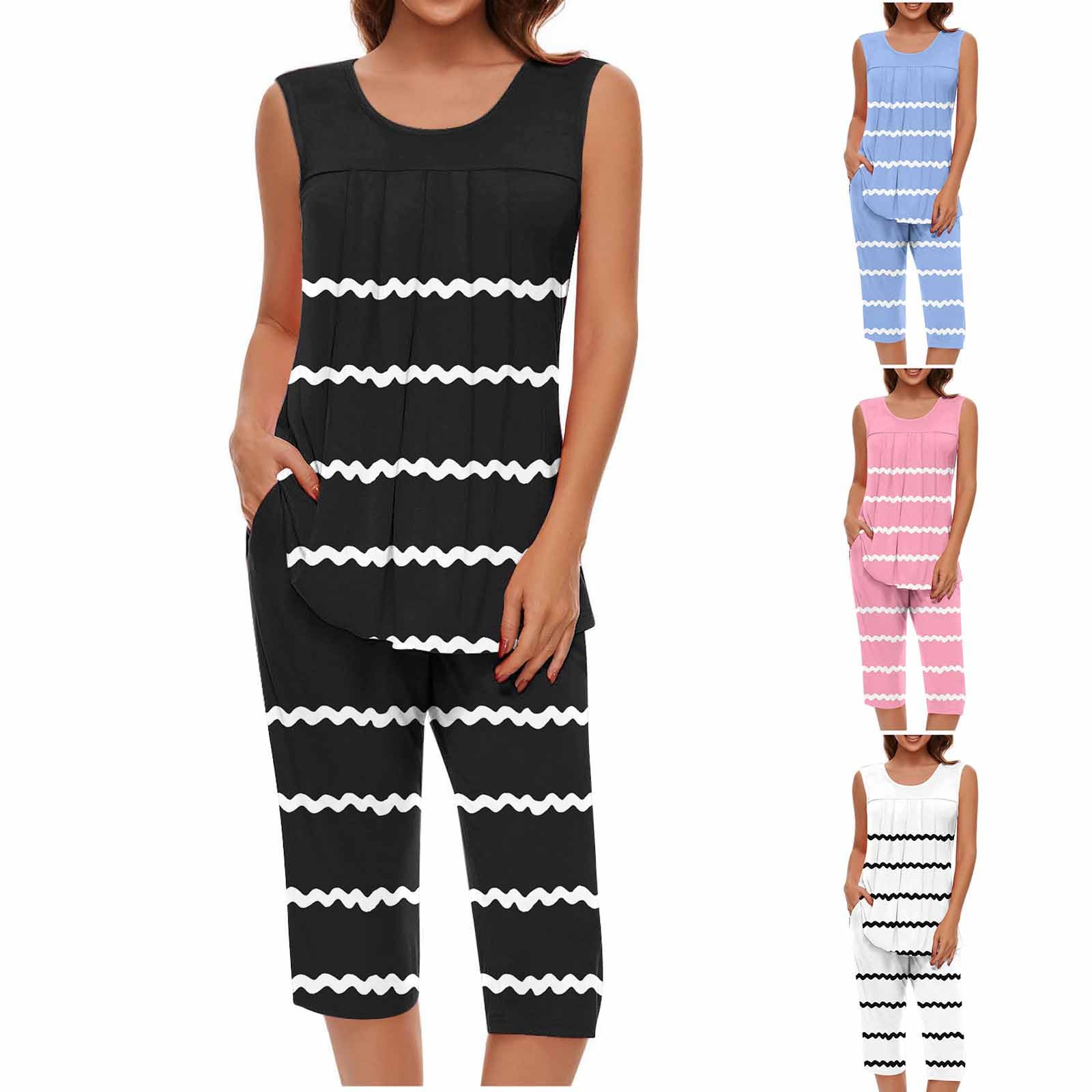 Pajama Sets for Women Summer Plus Size Lounge Sleepwear Loose Sleeveless Tops Printed Bermuda Shorts with Pockets — view 6
