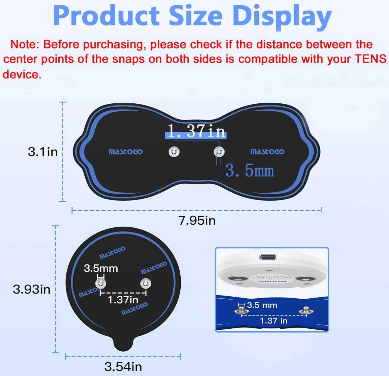 MASTOGO 8 Pcs Wireless TENS Unit Electrode Pads, with 3.5mm Snap Connector — Amazon image 3