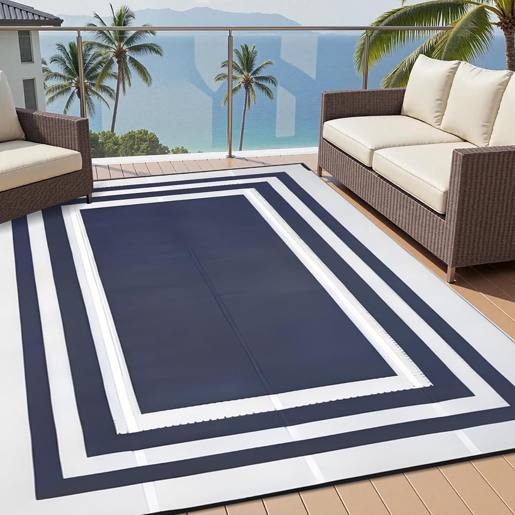 Dywaniki Ogrodowe Wodoodporny z Tworzywa Sztucznego l80x270 cm Lekki Dwustronny Dywan na Zewnątrz Niebiesko-Biała Mata do Basenu Duże Dywany na Balkon,Przyczepę Kempingową,Taras,Piknik