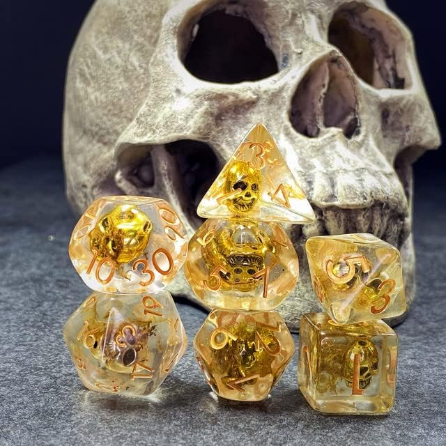 DND - Juego de dados poliédricos de resina familiar de calavera dorada de salvia para Dungeons and Dragons RPG TTRPG (calavera dorada)