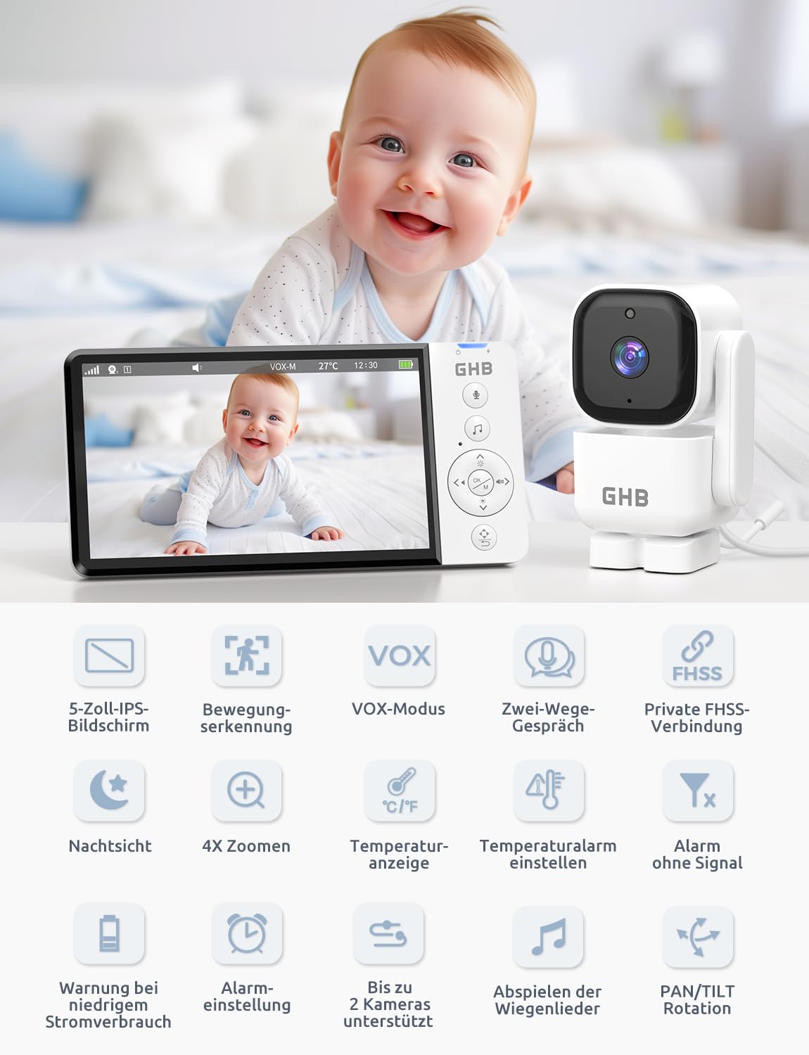 GHB Babyphone mit Kamera 5 Zoll 720P HD Display mit bis zu 168h Akkulaufzeit im VOX Bewegungserkennung Split-Screen-Anzeige Nachtsicht 4X Zoom Schwenkbar