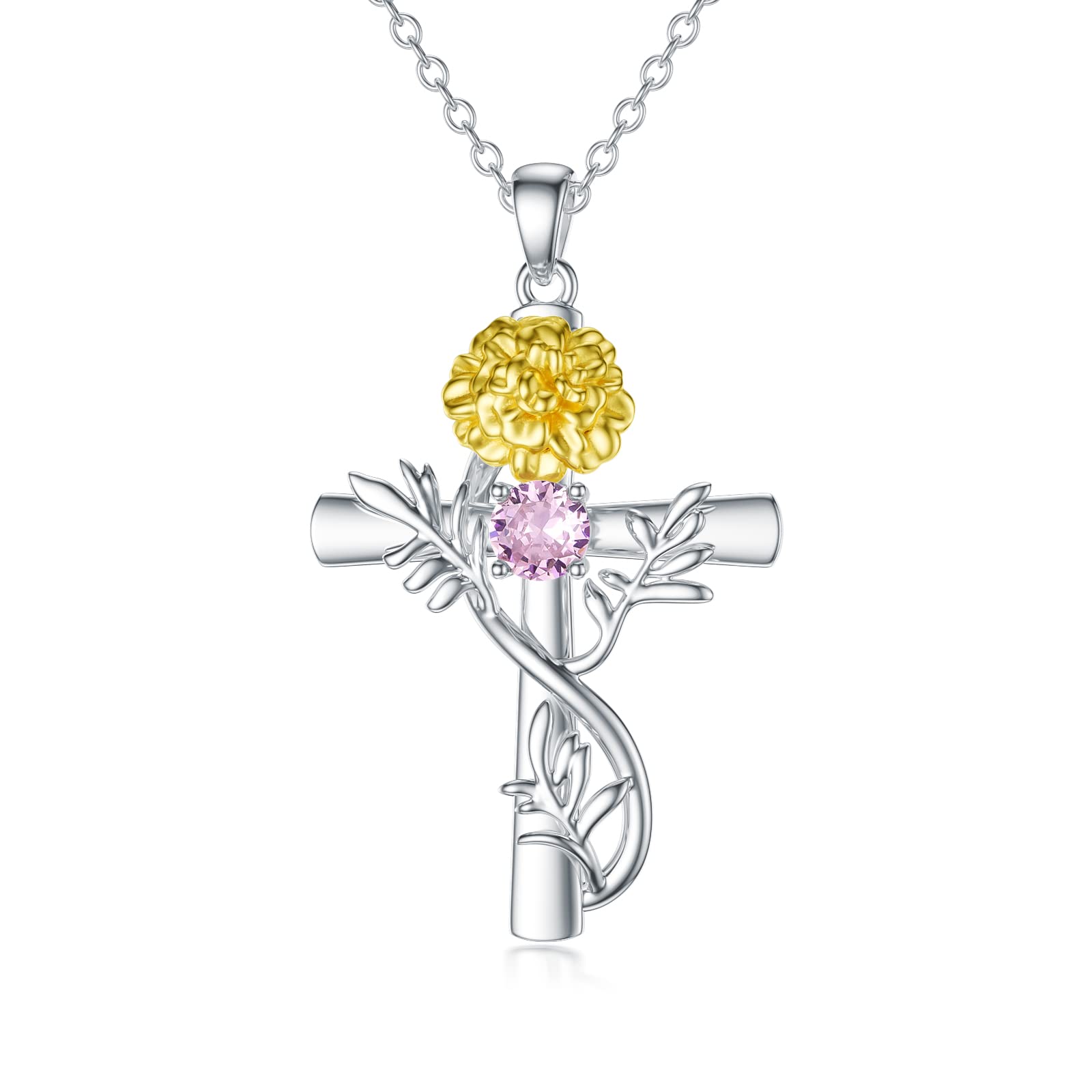 TOUPOP Cross Birthstone Necklace 925 Sterling Silver Birth Flower Necklaces Cross Month Flower Jewelry Birthday Valentines Day Mothers Day Gifts for Her Wife Mom