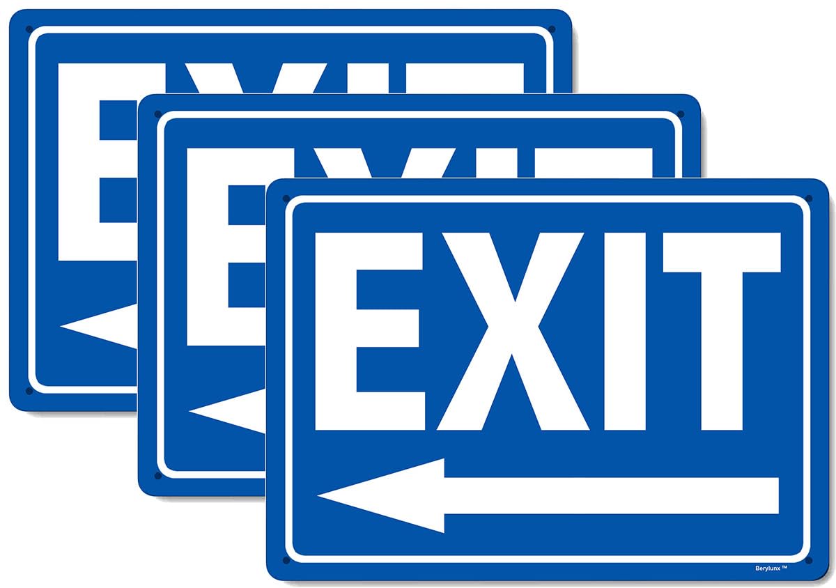 3 Pack 8"x12" Exit Left Arrow Blue Background White Rust Free Aluminum, Fade Resistant Metal Signs for Business for Home for Door Outdoor