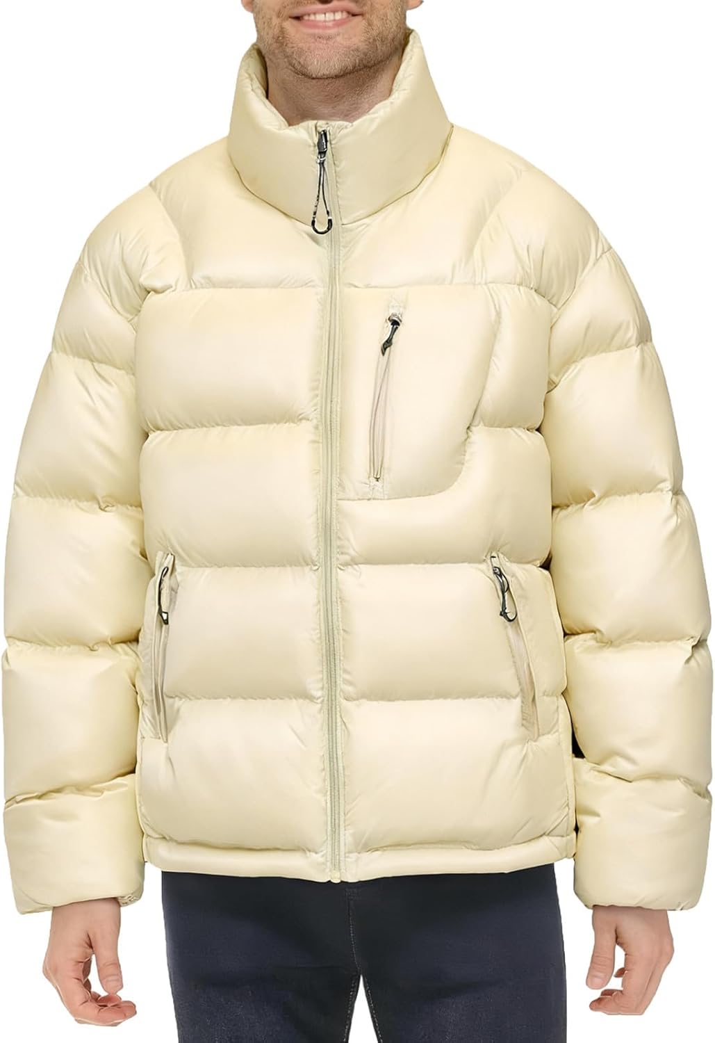 Mens Winter Padded Jackets Full Zipper Windproof Jacket Coat Long Sleeve Stand Collar Thermal Coats with Pockets