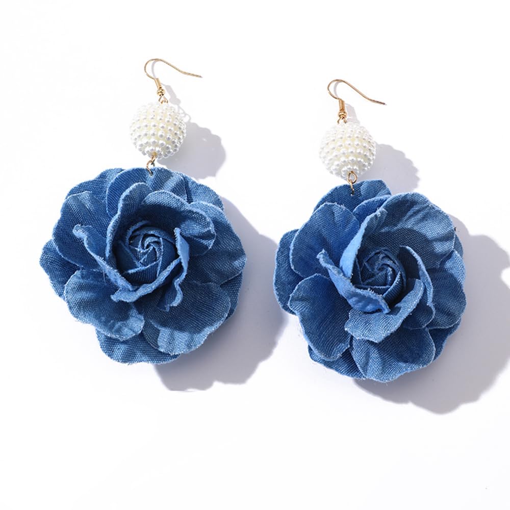 Denim Camellia Flower Dangle Earrings for Women Cowboy Statement Big Exaggerated Fabric Hoop Huggie Blue Floral Studs Gold-Tone Plated Long Drop