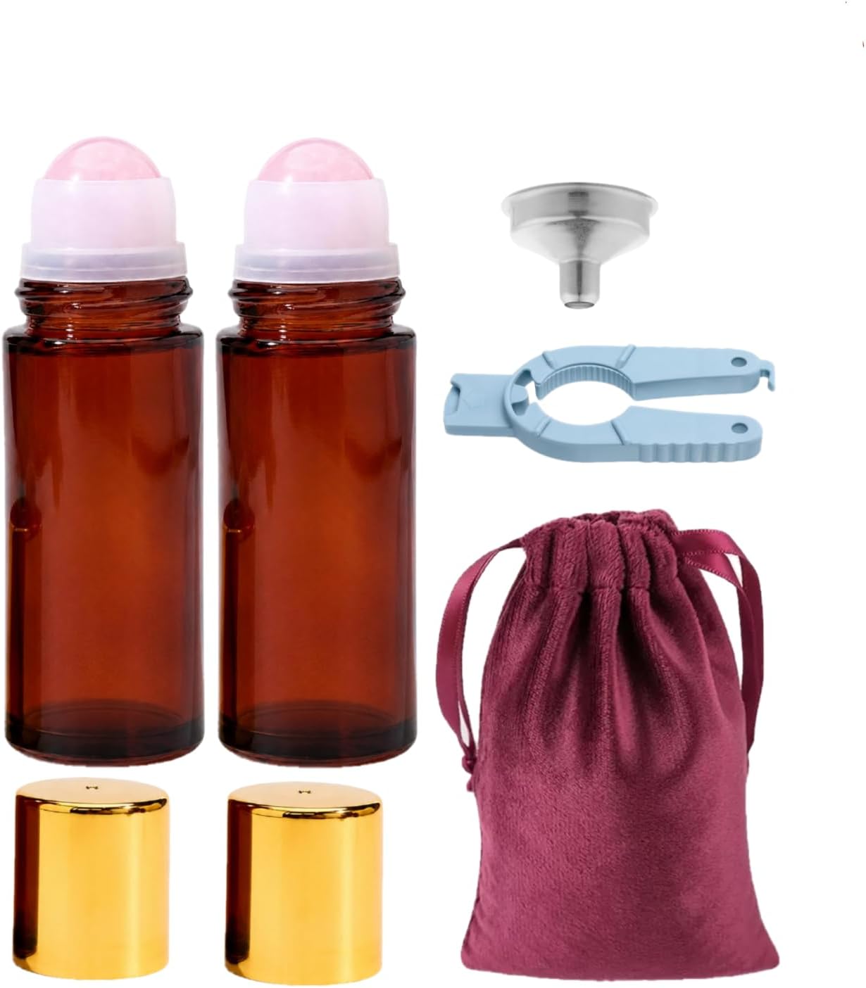Roller Ball Applicator,Rose Quartz Roller Ball Bottle,50ml Refillable Amber Glass Roll On Bottles with Natural Crystal Roller Balls,Suitable for Essential Oils (2Pink)