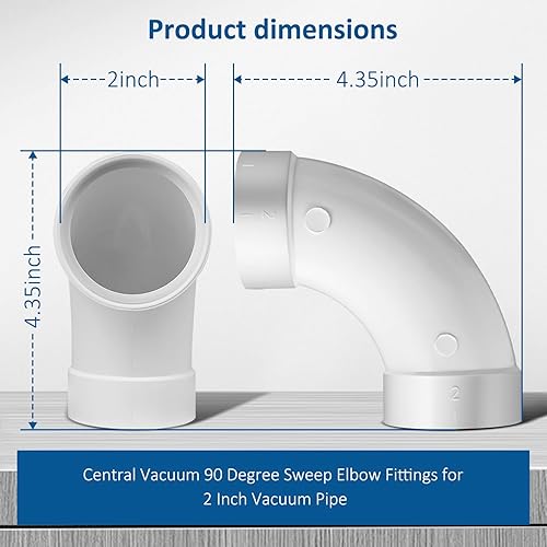 Miniatura 5 de Paquete de 2 aspiradoras centrales de repuesto de barrido de 90 grados que evita obstrucciones en el codo para tubos de vacío de 2 pulgadas