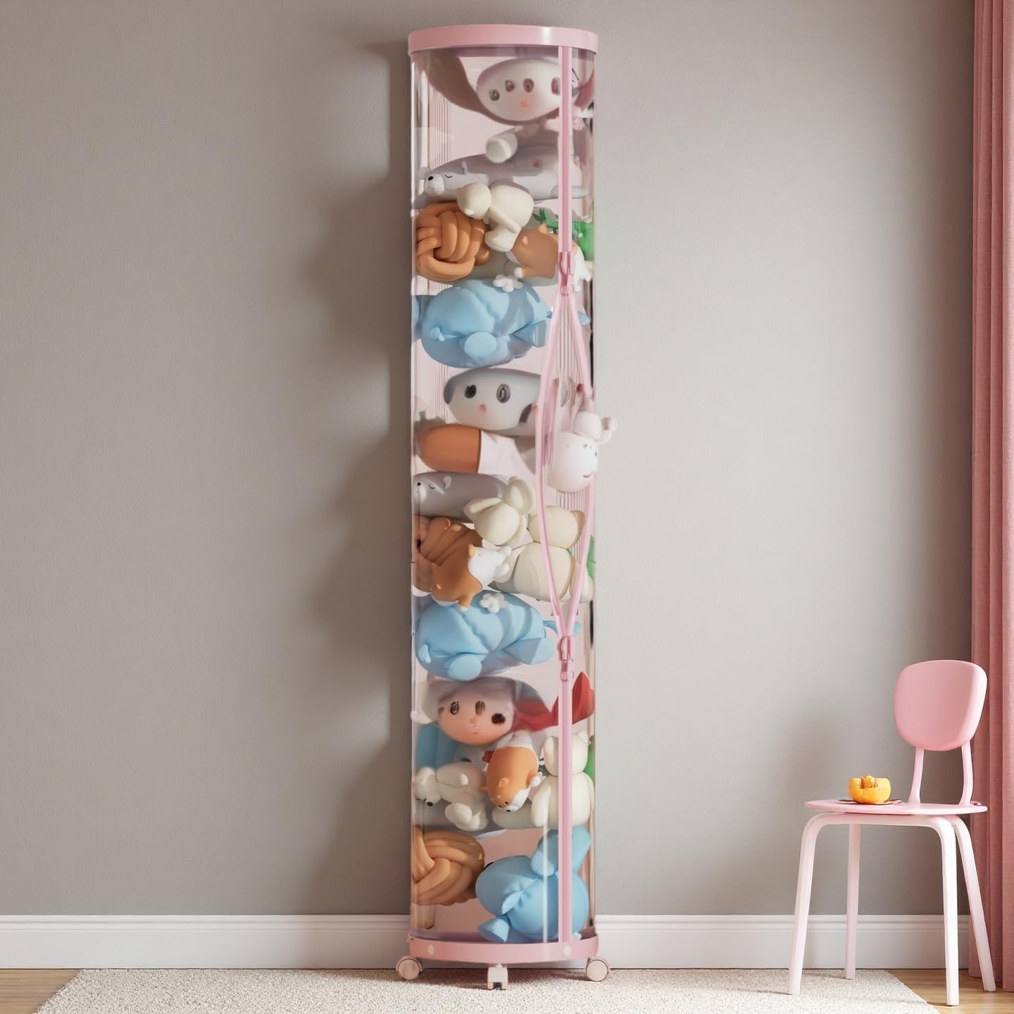 Upgraded Stuffed Animal Storage Tube, 59" Tall (150cm) Plush Organizer with 4 Wheels, PET Clear Bucket & Double Zipper, Space-Saving Toy Storage for Kids Room, Tidy Zoo Bin for Stuffed Animals (Pink)