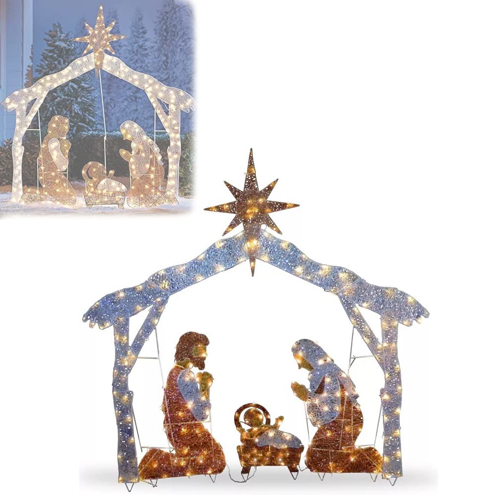 Buy Heyaokun Outdoor Nativity Scene With Led Lights, Nativity Scene Ground Stakes, Metal Birth
