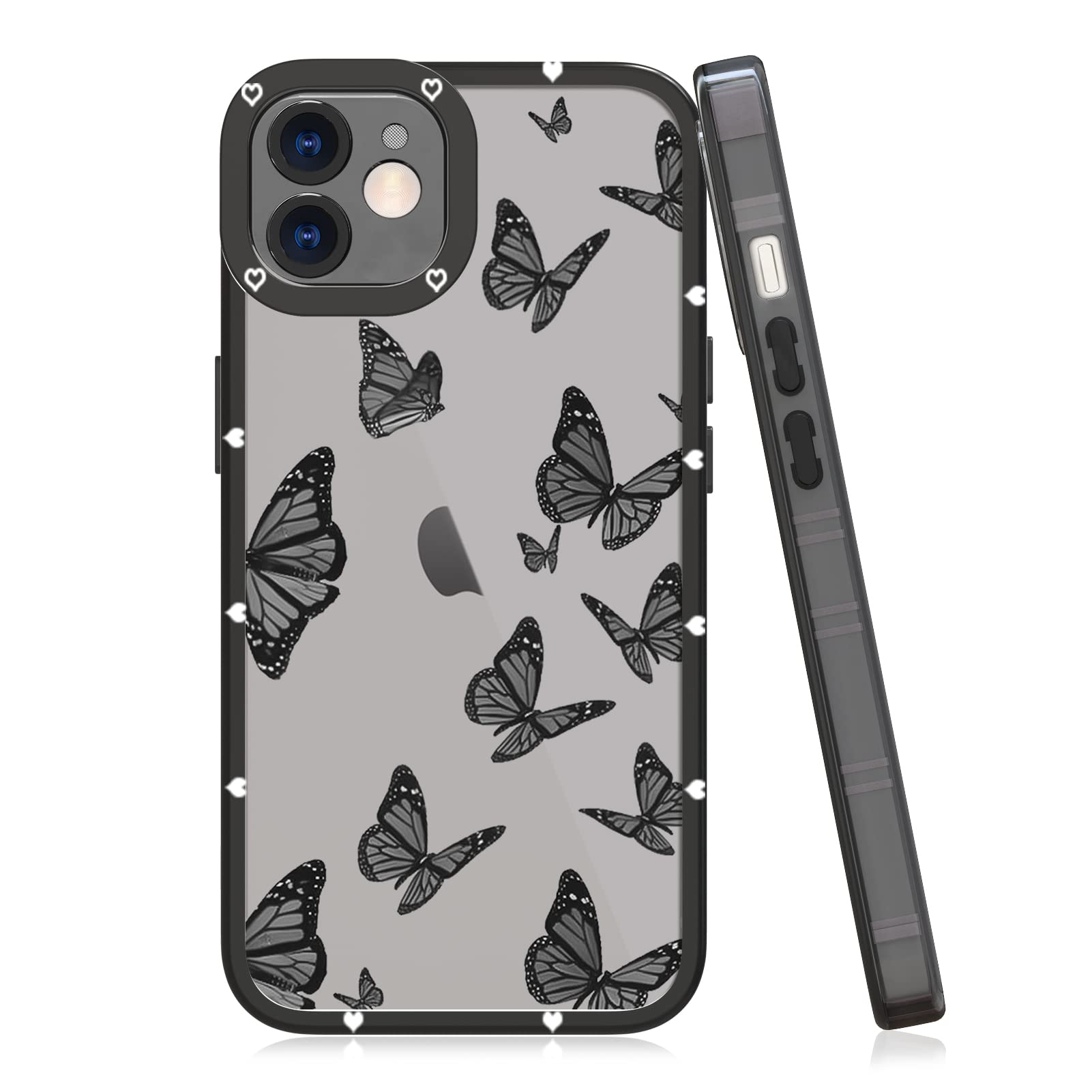 LSLCompatible with iPhone 12 Case Black Butterfly Pattern Deign Soft TPU Bumper Anti-Drop Protective Wireless Slim Clear Cover for iPhone 12 6.1 Inch