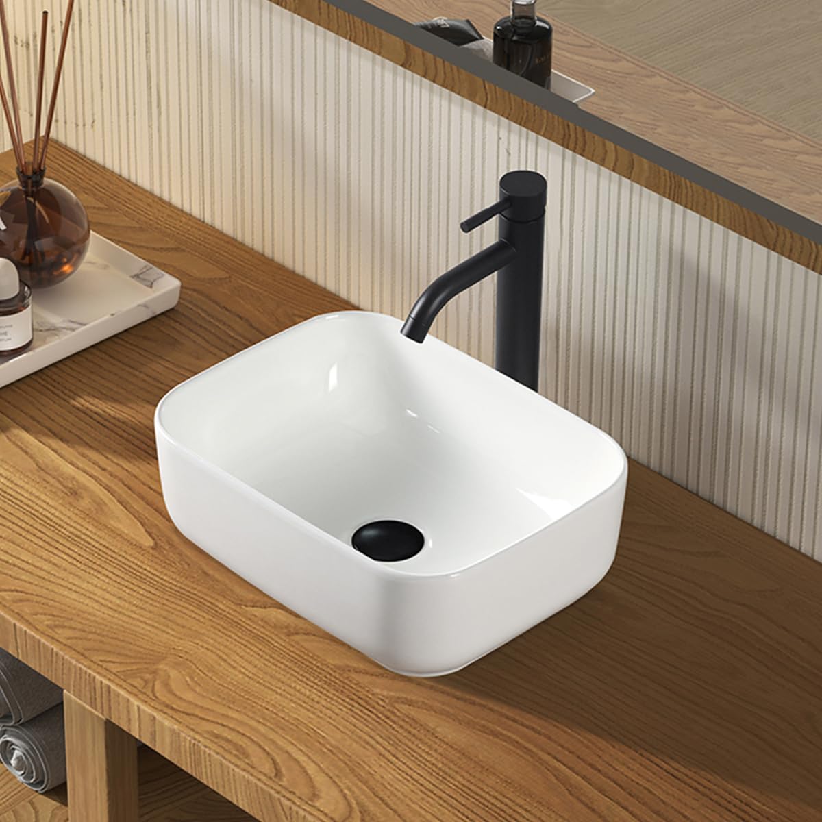 Fregadero de cerámica blanca de 16 x 12 x 5.5 pulgadas, cuenco para lavabo de baño, diseño curvado suave, duradero y fácil de instalar y limpiar