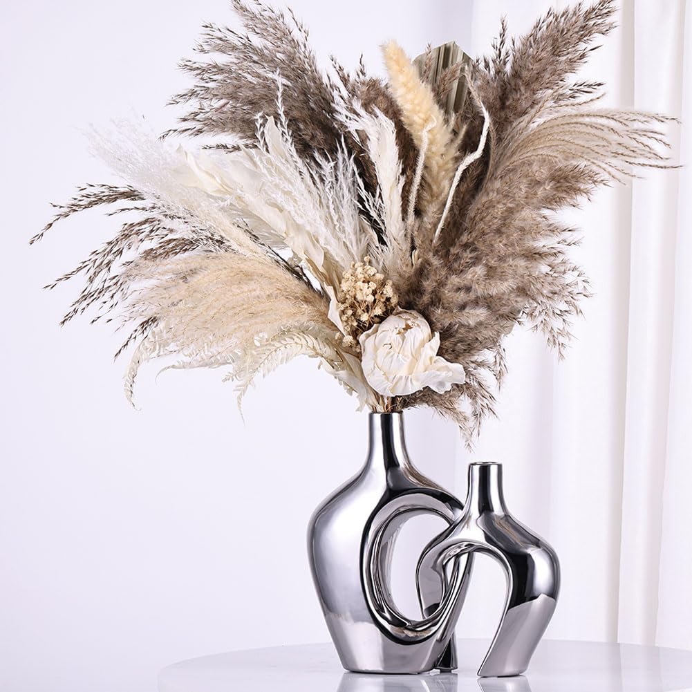 Juego de 2 jarrones de cerámica Huecos Plateados, jarrones Modernos de Estilo Bohemio nórdico para decoración de Bodas, Sala de Estar, Oficina, Entrada, centros de Mesa de Comedor
