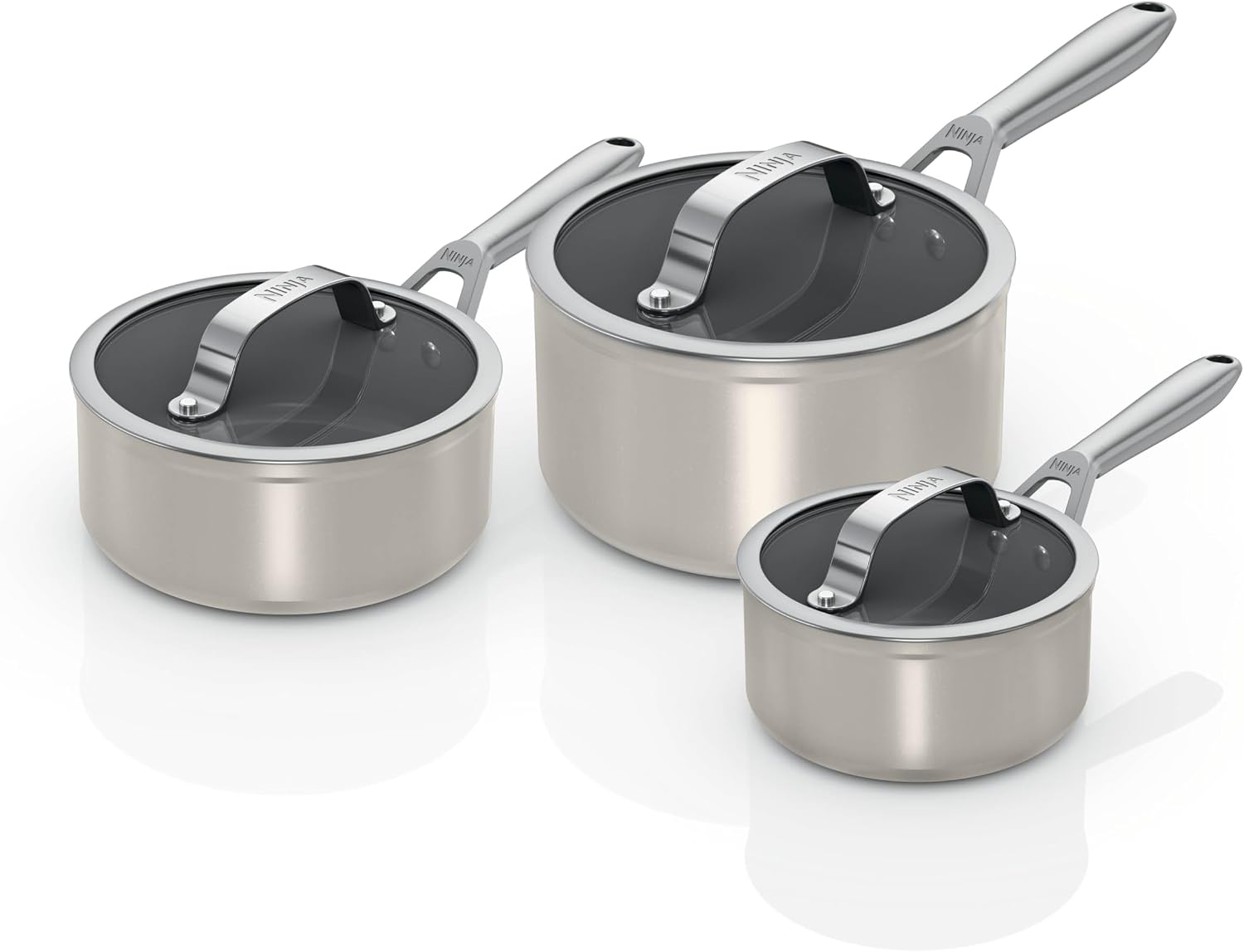 Ninja Ceramic Pro 3-piece Saucepan Set with Lids, Oven Safe to 285°C, All Hob Compatible, Cooking Surface Made PTFE & PFAS-Free, Full Induction Base, Stone CW33003EUIST