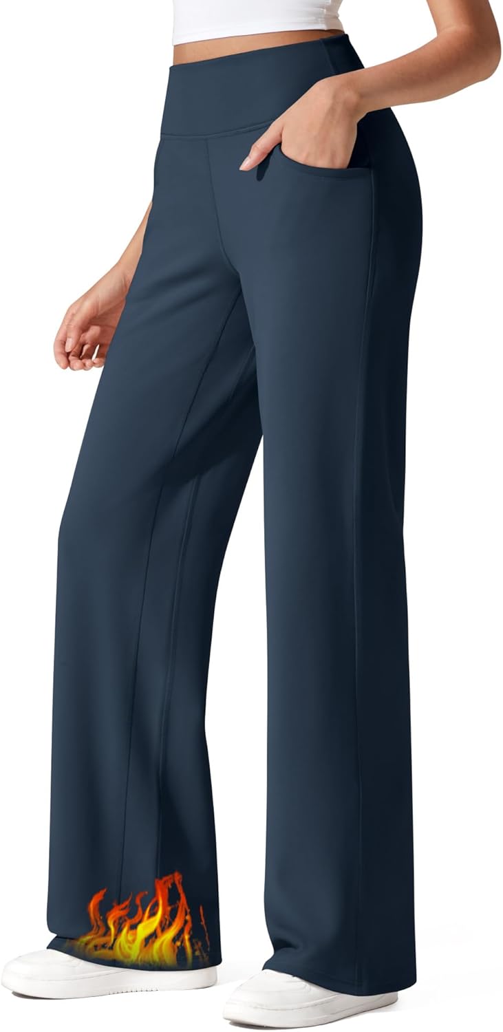 G4Free Fleece Lined Pants Women Wide Leg Work Trousers with Pockets High Waisted Sweatpants for Casual Dress Winter