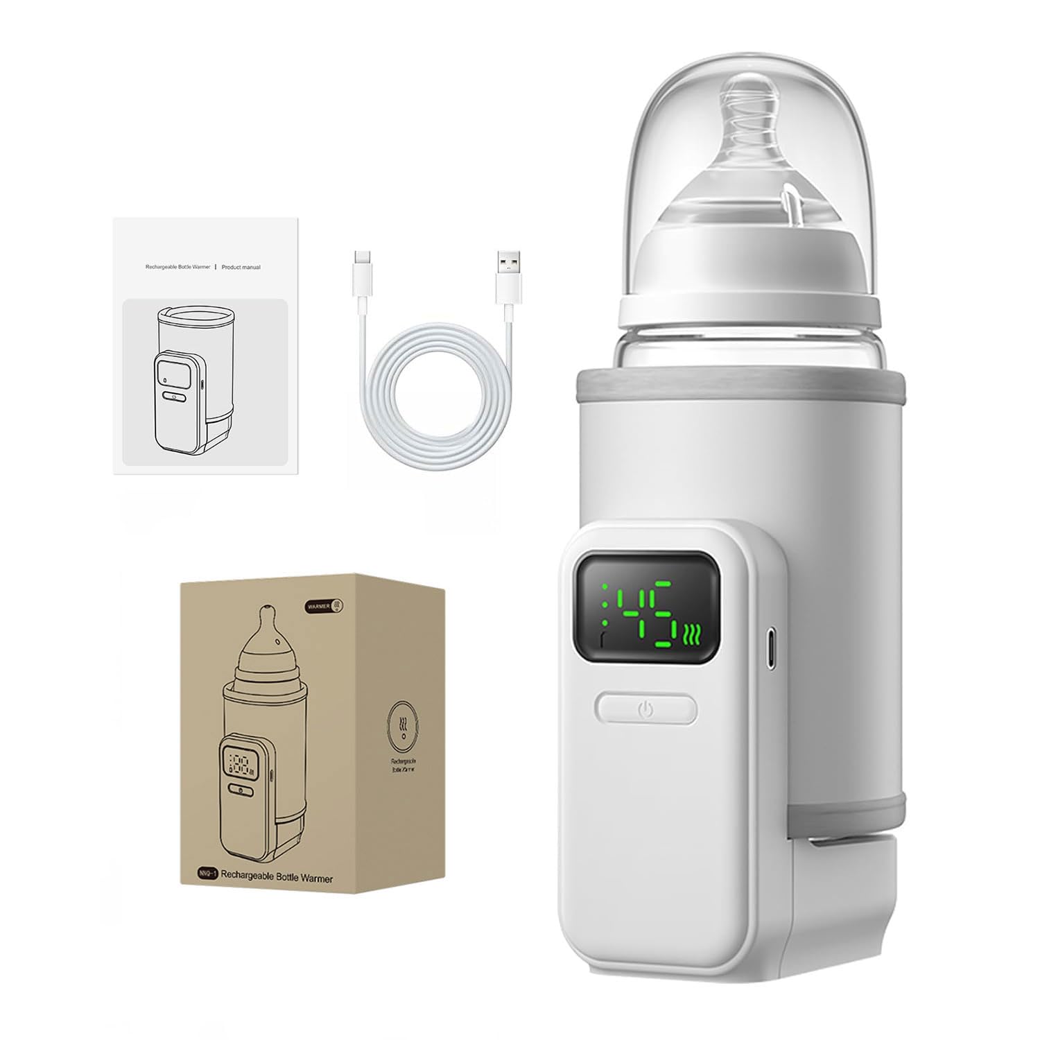 Tragbarer Flaschenwärmer, Drahtloses Milchwärmer mit 6 Temperaturstufen und Digitalanzeige,Gleichmäßige Wärmeverteilung, USB Aufladung, 5000mAh Babyflaschen WäRmer für Unterwegs und Zuhause|35-55℃