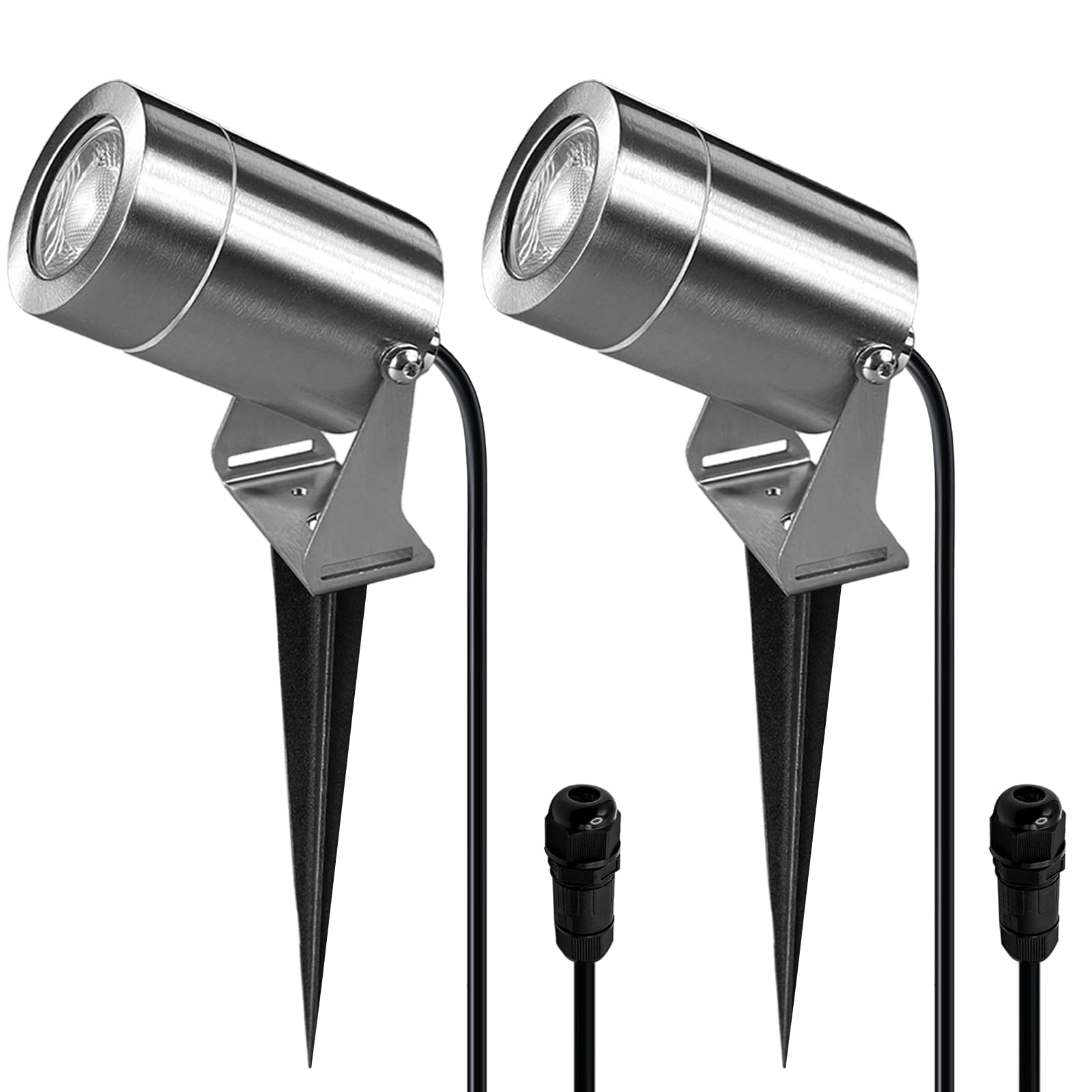 JNR Reflektor ogrodowy LED ze stali nierdzewnej, 2 sztuki, z ostrzem do wbijania w ziemię, wodoszczelność IP65, w zestawie żarówka 5 W, GU10, 3000 K, ciepła biel, kabel 2 m, bez wtyczki, oświetlenie