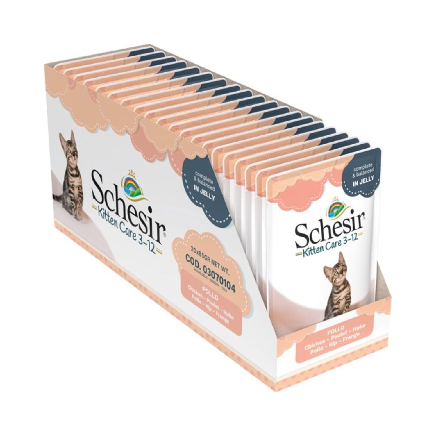 Schesir Filete de pollo Cat Jelly Kitten, alimento húmedo para gatitos en gelatina, 20 bolsas x 85 g