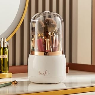 Makeup Brush Holder Organizer with Lid, 360° Rotating Dustproof Makeup Brushes Organizer, Acrylic Cosmetic Brush Storage Box for Bathroom, Bedroom, Countertop, Dresser(White)