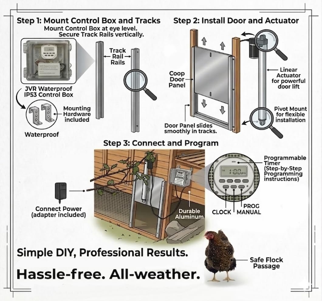 JVR Automatic Chicken Coop Door with Timer, Heavy Duty Aluminum Security Door, Smart Anti-Pinch Sensor & Industrial Screw-Rod Actuator, Precise Dusk to Dawn Schedule, Fits 11" x 12" Openings