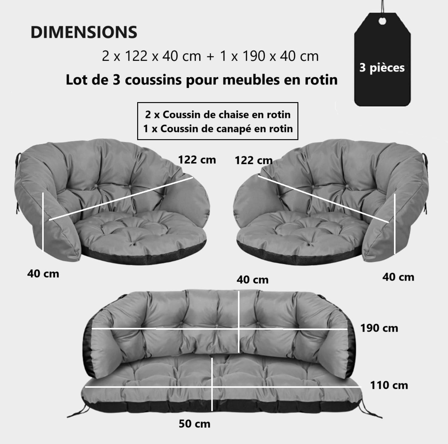 Ensemble de Coussins de Jardin Coussins pour canapé de Jardin Meubles en rotin Cordura pour Utilisation en extérieur Matelassé Confortable Imperméable