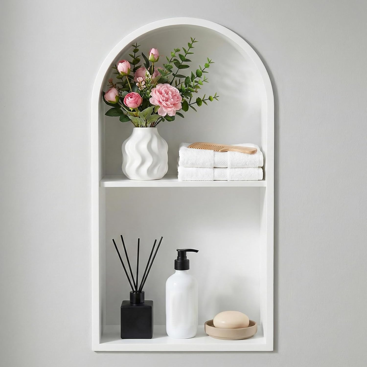 Stainless Steel Shower Niche 12" X 24", Recessed Wall Niche Arched for Shower Wall, No Tile Needed Bathroom Arched Niche Double Shelves Recessed Shower Shelf (White)