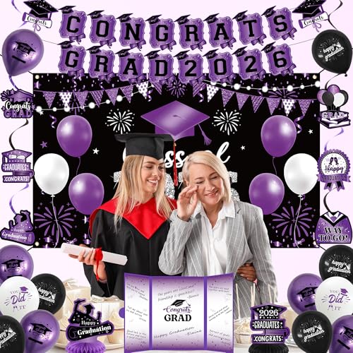 Image of Vlipoeasn Purple 2026 Graduation Party Decorations 2026 College /High School Graduation Decorations Party Supplies, Black and Purple Class of 2026 Congrats Grad Backdrop Banner Signature Book