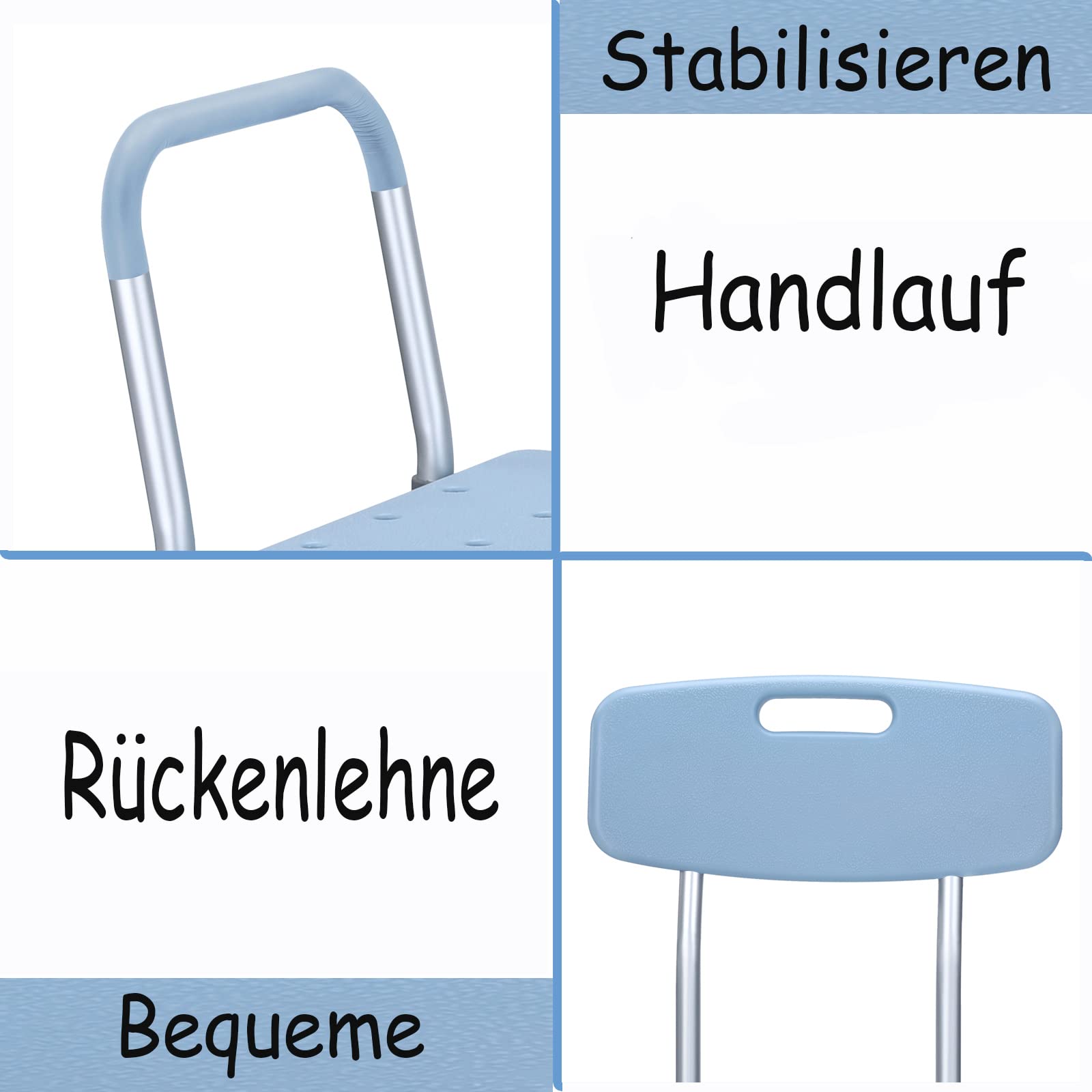 Taburete para ducha, altura regulable, asiento para bañera, antideslizante, con respaldo y reposabrazos, taburete de baño, asiento ampliado (modelo E)