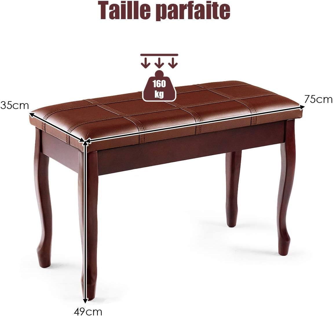 GOPLUS Banco para Piano Doble de Madera con Asiento Acolchado, Taburete de Piano de 2 Plazas con Compartimento de Almacenaje, 75x35x49cm, Carga Máxima 180KG