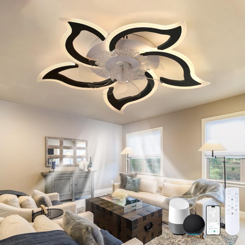 Smart Fan Light Ceiling Alexa LED Dimmable 6 Speed Ceiling Fans with Lamps Remote Control Silent Reversible Light Fan Ceiling Modern Flower Flush Mount for Bedroom, Living Room, Lounge, Black||B