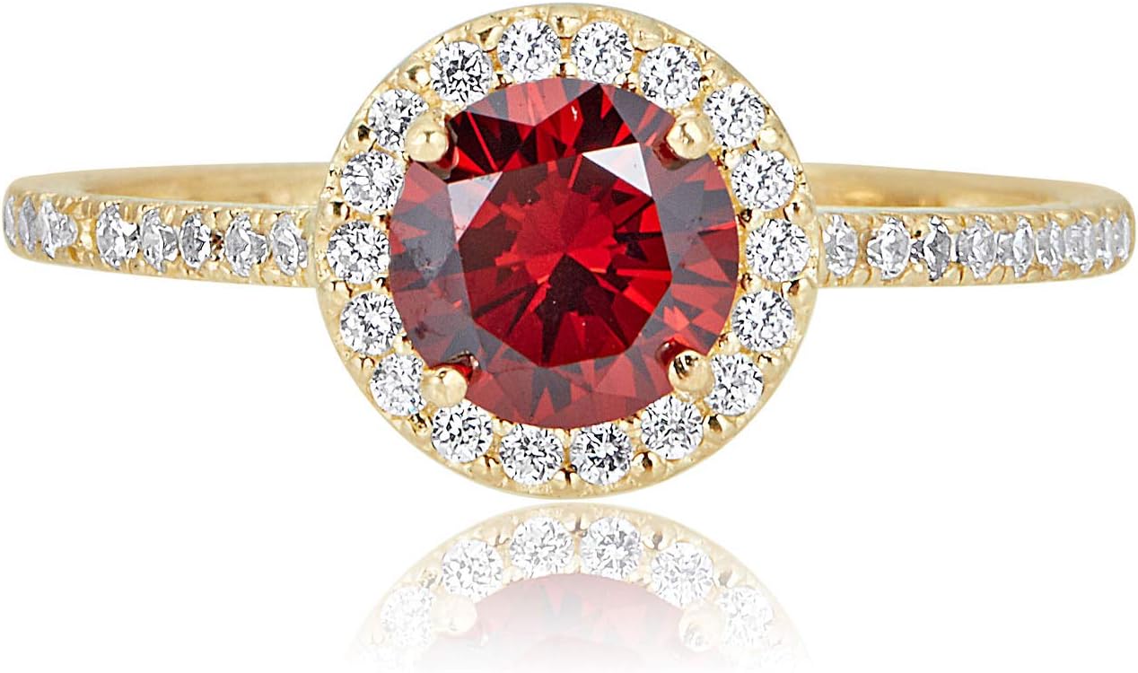 AVORA 10K Yellow Gold 6mm Birthstone Simulated Diamond CZ Halo Fashion Ring - All 12 Months